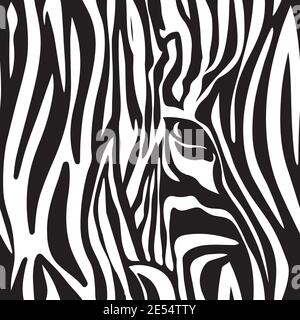 Nahtloses Zebra-Hautstruktur-Muster, wiederholendes Muster mit Zebraauge, schwarz-weiß gestreifter Tierhintergrund Stock Vektor