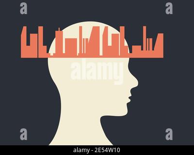 Smart City-Illustration. Symbol für wirtschaftliche Entwicklung. Menschliche und eine große moderne Stadtdarstellung. Vektor. Stock Vektor