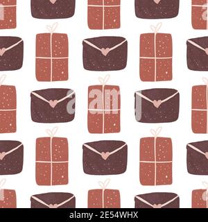 Valentinstag nahtlose Muster mit Herzen, Umschläge, Zweige, Blätter. Stockfoto