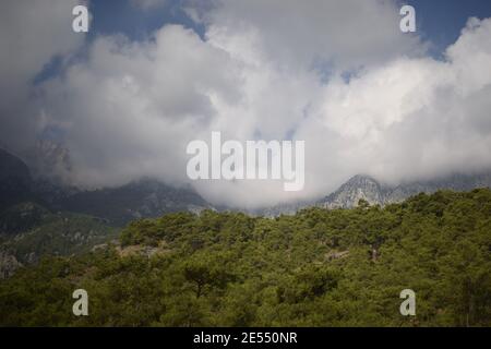 Eine Landschaftsansicht von Pinien in den Bergen vom Lykischen Weg Weg in der Nähe des Mount Olympos oder Tahtali in der Nähe von Antalya, Türkei gesehen. WESTERN Taurus moun Stockfoto