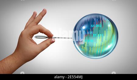 Konjunkturblase platzte und Aktienmarkt Spekulationskonzept und überbewertete Wirtschaft als Finanzkrise und überhöhte Preise als Finanzrisiko. Stockfoto