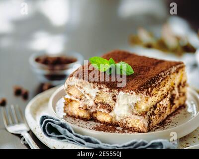 Perfekte hausgemachte Tiramisu Kuchen mit frischer Minze. Tiramisu Teil auf Platte über grauem Hintergrund. Köstliche No Bake Tiramisu verzehrfertig. Nahaufnahme. Speicherplatz kopieren Stockfoto