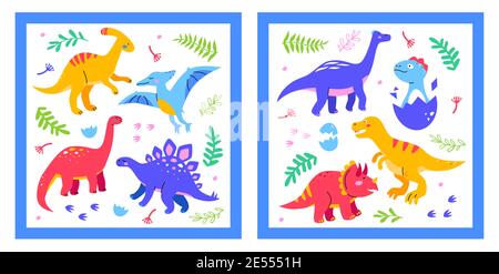 Verschiedene Dinosaurier - Satz von flachen Design-Stil Illustrationen mit niedlichen Comic-Figuren. Dino Sammlung von ausgestorbenen Tieren, Ornitosaurus, T-rex, di Stock Vektor