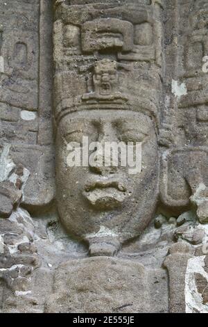 Quirigua, Guatemala: Stela des maya-Herrschers in Quirigua. Quirigua ist eine archäologische Stätte der Maya im Departement Izabal. Stockfoto