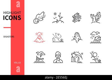 Disasters - Moderne Linie Design Stil Symbole gesetzt. Idee einer Naturkatastrophe. Meteorit, Dürre, Hurrikan, Feuer, Eruption, Lawine, Erdbeben, Flut, Stock Vektor