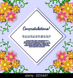 Papierkunst Blumen Hintergrund mit Blatt Papier. Quadratischer Rahmen mit Blumenmuster. Vektorkarte. Hintergrund mit Papierblumen und Ort für Text, für Stock Vektor