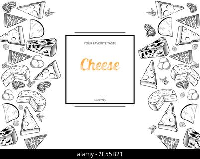 Käse-Set handgezeichnete Vektor-Illustration Design-Vorlage für Menü, Paket mit Kopf und Scheiben von verschiedenen Käse auf weißem Hintergrund Stock Vektor