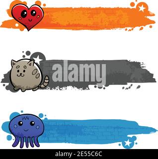 Graffiti Cartoon Katze Krake und Herz Zeichen flache Farbe horizontal Bannerset isolierte Vektordarstellung Stock Vektor