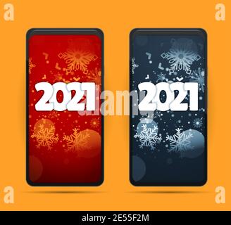 2021 Feiertagsnachricht am Telefon. Weihnachtsangebot. Jetzt Zum Weihnachtsgeschäft. Neujahrsgeschenke auf dem Smartphone. Frohe Weihnachten und Frohes neues Jahr. Farbig Stock Vektor