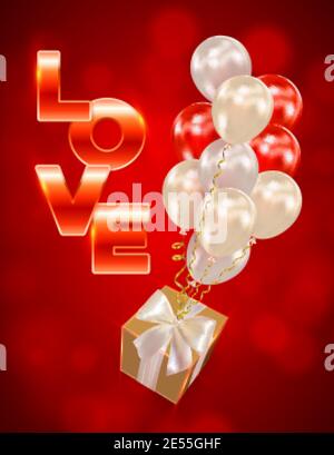 Realistische Geschenkbox mit Luftballons und Inschrift Love. Feiertagsgestaltung für Party, Geburtstag, Jubiläum, Valentinstag, Hochzeit. Vektor Stock Vektor