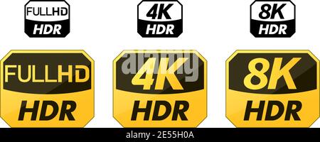 Set aus gelben und schwarzen HDR-Symbolen. HD-, 4k- und 8k-Version Stock Vektor