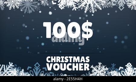 Jahresgutschein 100 auf festlichem Hintergrund. Weihnachtsangebot. Frohe Weihnachten und Frohes neues Jahr. Farbig. Winterurlaub Setzen Sie realistische Geschenke Stock Vektor