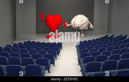 Leeres Theater mit großem Herzen und menschlichem Gehirn auf der Bühne, 3d-Illustration Stockfoto