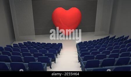 Leeres Theater mit großem Herz auf der Bühne, 3d-Illustration Stockfoto