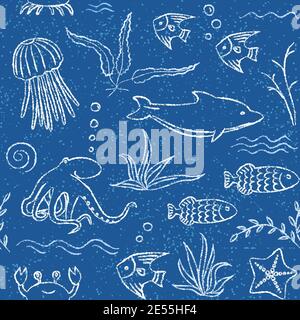 Blaues nahtloses Muster mit Meerestieren Stock Vektor