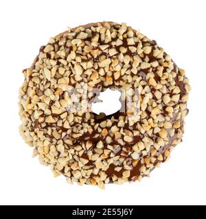 Chocolate glasierte Donut mit Nüssen bestreut. Stockfoto