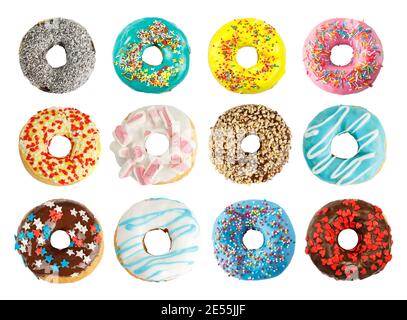 Set von 12 verschiedenen bunten Donuts isoliert auf weißem Hintergrund. Stockfoto