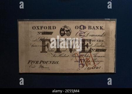 Fünf Pfund-Note herausgegeben von Oxford Old Bank im Jahr 1893, (britische Privatbanken ausgegeben Papiergeld 1700-1900), Ashmolean Museum, Oxford UK. Stockfoto