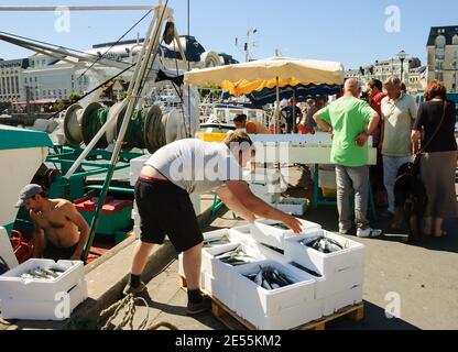 Frischer Fang wird ausgeladen und auf dem nahe gelegenen Street Fish Market am Pier am Hafen verkauft. Trouville-sur-Mer, Frankreich Stockfoto