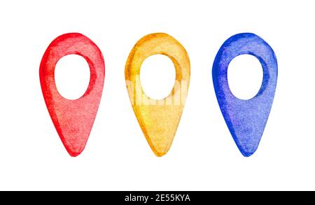 Aquarell-Illustration von rot, gelb, blau Tinte Farbe Position PIN-Set für Karten isoliert auf weißem Hintergrund. Reisen Aquarell Ziel poin Stockfoto
