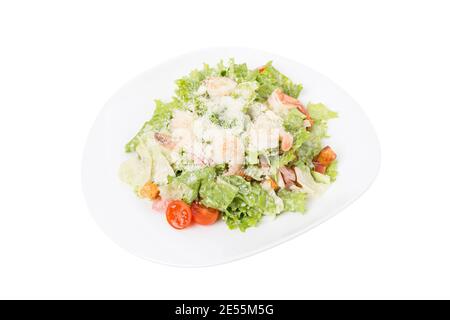 Caesar Salat mit Garnelen auf einem weißen Teller. Dieser ist in einem weißen Hintergrund isoliert. Nahaufnahme. Stockfoto