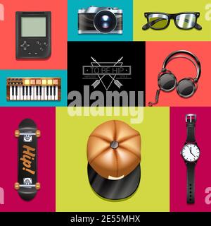 Hipster dekorative Symbole Set mit Retro-Foto Kamera Kopfhörer Handgelenk Sehen Sie sich die isolierte Vektorgrafik an Stock Vektor