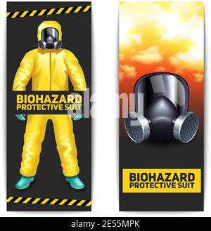 Biohazard vertikale Banner Set mit Arbeiter in Schutzanzug und Vektordarstellung mit Schutzbrille isoliert Stock Vektor