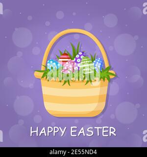 Ostern bunte Eier und grünes Gras im Korb. Flacher Cartoon-Stil. Vektordarstellung isoliert auf hellem Hintergrund. Stock Vektor