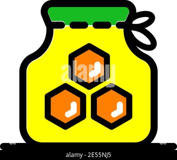 Honigflasche einfache Ikone mit Wabe, Vektor-Illustration für Shop und Symbol der Herstellung von Honig. Traditionelle Süßigkeiten und Süßigkeiten. Stock Vektor