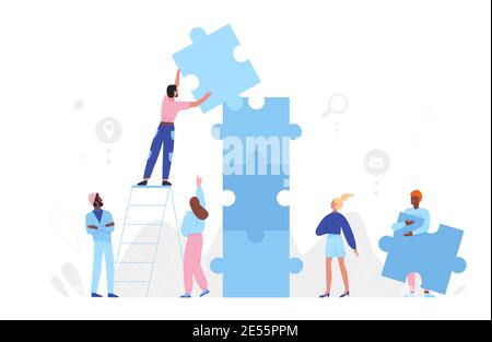 Menschen Team bauen Puzzle, Partnerschaft Konzept Vektor Illustration. Cartoon Mann Frau Partner Gruppe von Charakteren Gebäude, Verbindung Puzzle Puzzleteile, während auf Treppen isoliert auf weiß stehen Stock Vektor