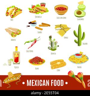 Mexikanische nationale Tradition Essen Getränk und verfügt über helle Farbe flach Symbolsatz isolierte Vektorgrafik Stock Vektor