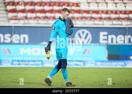 Zwickau, Deutschland. 26. Jan, 2021. firo: 01/26/2021 Fußball: Fußball: Archivfotos 3. Bundesliga-Saison 2020/21 MSV Duisburg - FSV Zwickau goalwart Leo Weinkauf (1, Duisburg), ENTTAUSCHT Gabor Krieg/PICTURE POINT/firosportphoto Quelle: dpa/Alamy Live News Stockfoto