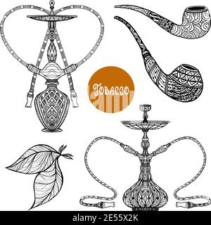 Doodle Retro Smoke Set mit Shisha und Pfeifen mit Ornament Isolierte Vektordarstellung Stock Vektor