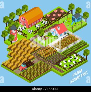 Farm Komplex konstruktive Spielzeug Blöcke Komposition mit Bauernhof Hinterhof umgeben Durch Fiels und Weide isometrische Vektor-Illustration Stock Vektor