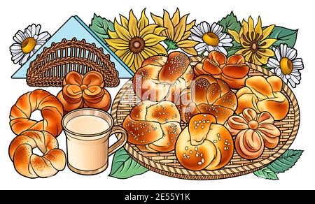 Brötchen, Blumen, Milch, Servietten handgezeichnete Vektor Doodle Illustration. Stock Vektor