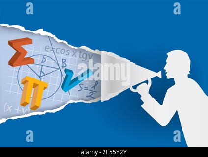 Mathelehrer, Fernstudium Mathematik, Online-Bildungskonzept. Männliche Silhouette Silhouette mit Megaphon ripping Papier mit Mathematik-Symbole Stock Vektor
