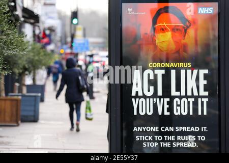 London, Großbritannien. Januar 2021. Ein Plakat der Kampagne covid-19 zur Prävention in London.nach Angaben des Office for National Statistics (ONS) gab es im Januar 15 über 103,000 Covid-19 Todesfälle in Großbritannien. Kredit: Dinendra Haria/SOPA Images/ZUMA Wire/Alamy Live Nachrichten Stockfoto