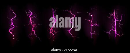 Blitzschlag, elektrische Gewitter schlagen während der Nacht Sturm, Aufprall, Riss, magische Energie Blitz der rosa Farbe. Leistungsstarke elektrische Entladung isoliert auf schwarzem Hintergrund, realistische 3d-Vektor-Schrauben gesetzt Stock Vektor