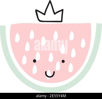 Cute Cartoon Wassermelone mit Krone, Vektor skandinavischen Stil. Baby-Design für Geburtstagseinladung oder Babydusche, Poster, Kleidung, Kinderzimmer Wandkunst Stock Vektor