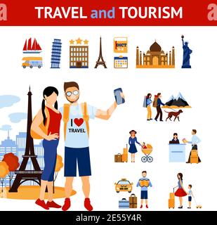 Reise- und Tourismus-Infografik-Elemente mit Sehenswürdigkeiten und Bildern gesetzt Von Reisenden Menschen flach isoliert Vektor-Illustration Stock Vektor