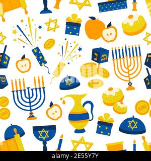 Nahtlose Hintergrund Muster mit hanukkah Tradition und Religion Symbole in Gelb blau und orange Farbe Vektor Illustration Stock Vektor