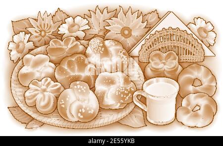 Brötchen, Blumen, Milch, Servietten handgezeichnete Vektor Doodle Illustration Stock Vektor