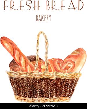Bäckerei Brot Werbeplakat mit Vintage-Korb voll frischen Weizen Runde Loafs und Baguette abstrakte Vektor-Illustration Stock Vektor