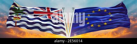 Flagge der Europäischen Union und Kommissar für den Britischen Indischen Ozean Territory Flagge winken mit Textur Himmel Wolke und Sonnenuntergang Doppel Alarmmeldung Stockfoto