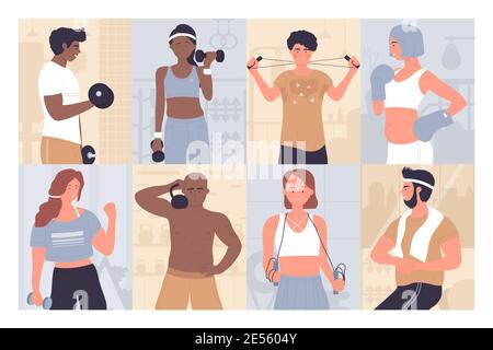 Menschen am Sport Training Workout Vektor Illustration Set. Cartoon aktiven jungen und alten Mann Frau Sportler Charakter tun Übungen, Sportler halten Hanteln oder Langhantel Hintergrundsammlung Stock Vektor