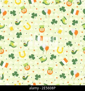 St. Patricks Day nahtlose Muster mit Kobold, irischer Mann, irische Flagge, Klee, Ballons, Hufeisen auf weißem Hintergrund. Vektorsymbole für Grußkarten Stock Vektor