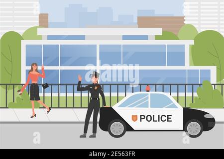 Polizist Polizist auf Stadt Straße städtischen Szene Vektor Illustration. Cartoon Frau Polizeiarbeiter Charakter in Uniform winken zu Fuß Fußgänger Mädchen, vor der Patrouille Polizei Auto Hintergrund stehen Stock Vektor