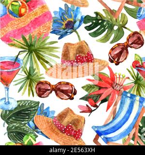 Tropischer Strand exotische Sommer Urlaub Reise Tapete dekorative nahtlose Muster Mit Sonnenbrille und Cocktail abstrakte Vektor-Illustration Stock Vektor