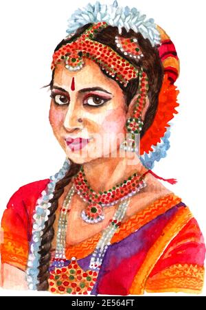 Portrait der schönen indischen Dame in traditionellen Frauen Kleidung und Haaranordnung rot Aquarell abstrakte Vektor-Illustration Stock Vektor