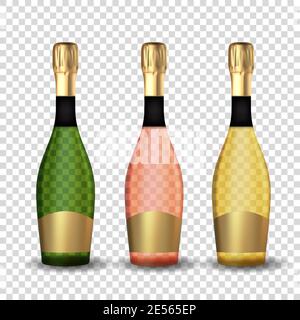 Realistische 3D Champagner Golden, Pink und Green Bottle Collection Set Icon isoliert auf transparentem Hintergrund. Vektorgrafik Stock Vektor